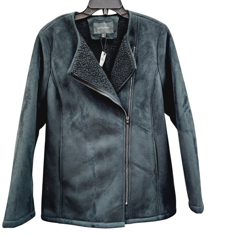 Banana Republic Womens Faux Suede Sherpa Lined Moto Jacket Charcoal Grey M NEW